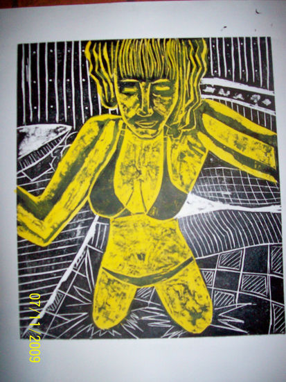 Sexy girl in yellow Woodcut