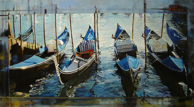 Cuatro Gondolas Óleo Tabla Marina