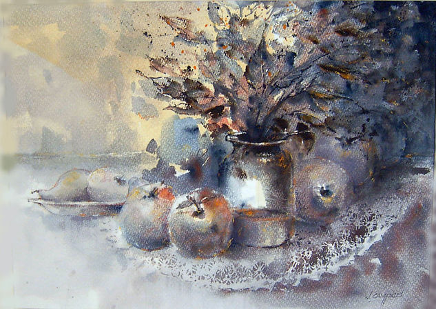 still life painted at indigo colour Acuarela Papel Bodegones