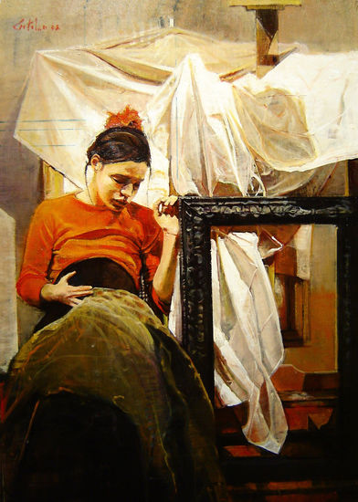 Palpitando el Nacimiento Oil Panel Figure Painting