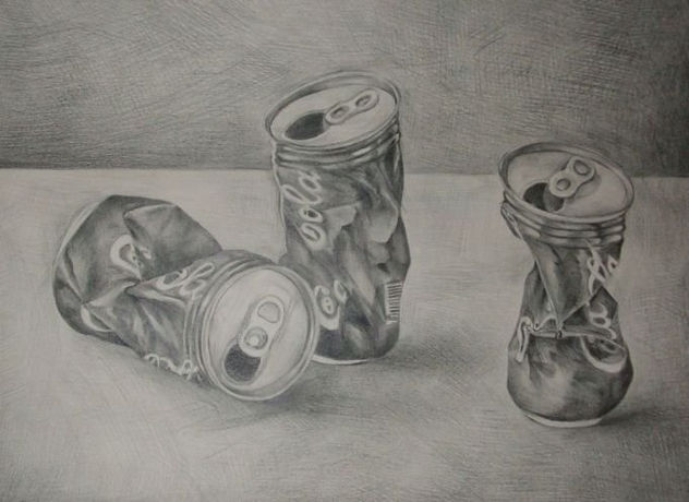 Still life with twisted cans of soda.