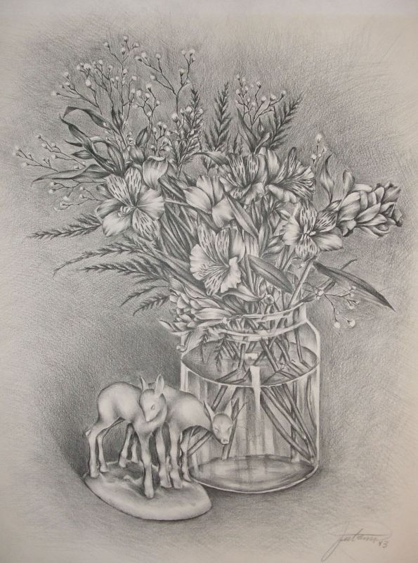 still life with flowers and deers figurin