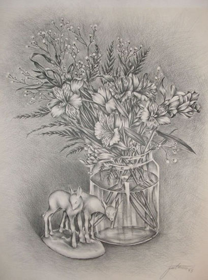 still life with flowers and deers figurin 