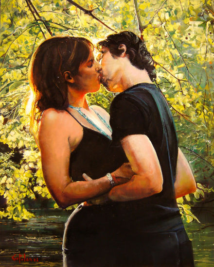 El Beso ll Oil Panel Figure Painting