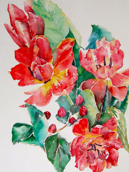 Vermilion Tulips, by Amapola Herrera Acuarela Papel Floral