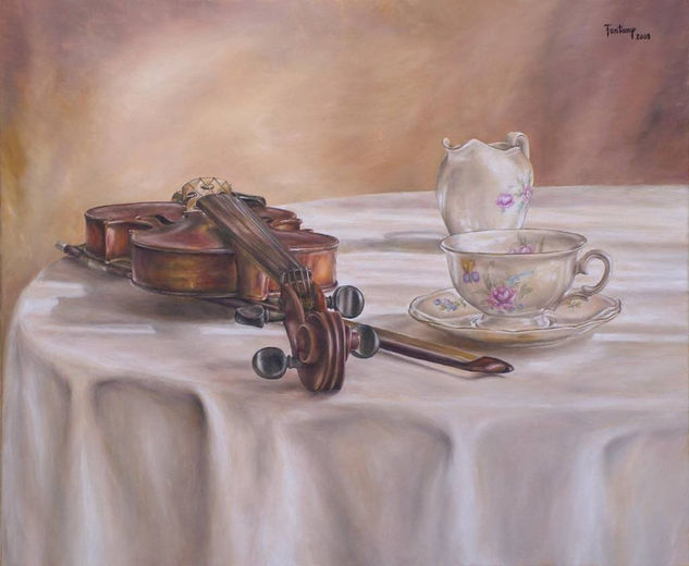 A violin and a tea Óleo Lienzo Otros