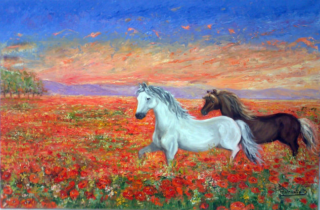 caballos entre amapolas Oil Canvas Landscaping