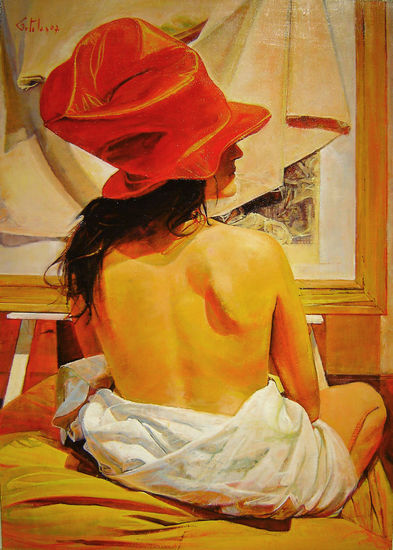 La Mujer del Sombrero Rojo I (Serie) Óleo Tabla Desnudos