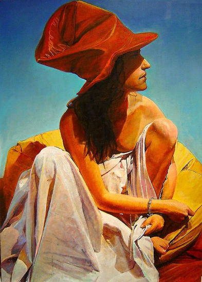 La Mujer del Sombrero Rojo lll  (Serie) Óleo Tabla Desnudos