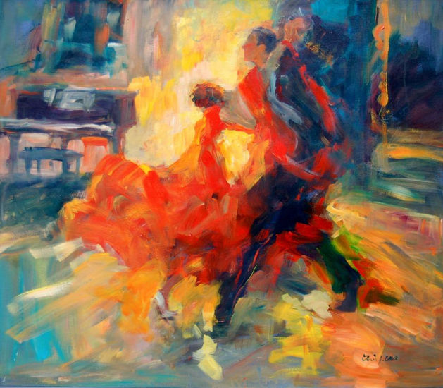 Red Waltz with Piano Acrylic Canvas Figure Painting