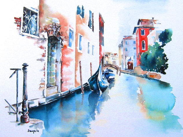 Gondola Azul, By Amapola Herrera Acuarela Papel Paisaje