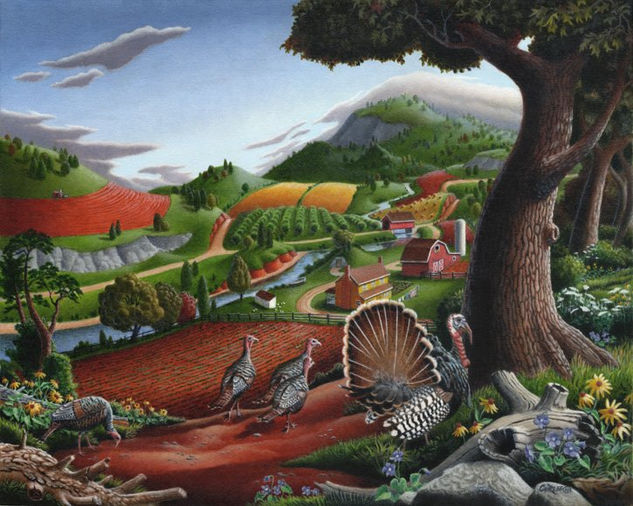 Turkeys In The Hills Folk Art Farm Americana Landscape Oil Painting Oil Canvas Landscaping