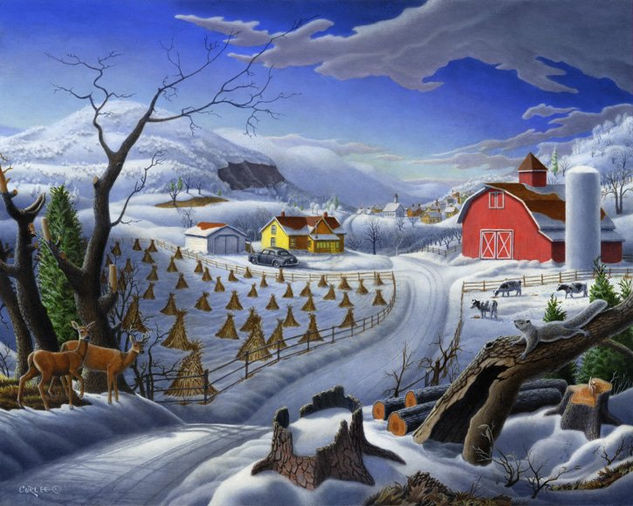 Rural Winter Folk Art Farm Americana Landscape Óleo Lienzo Paisaje