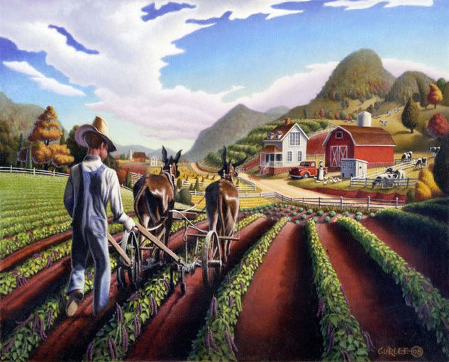 Cultivating The Peas folk art farm americana landscape oil painting Oil Canvas Landscaping