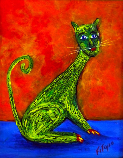 mi gato verde Oil Canvas Animals