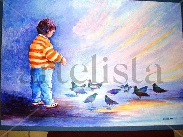 "NIÑO Y PALOMAS" Acrylic Canvas Figure Painting