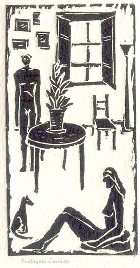 Escena hogareña Linocut