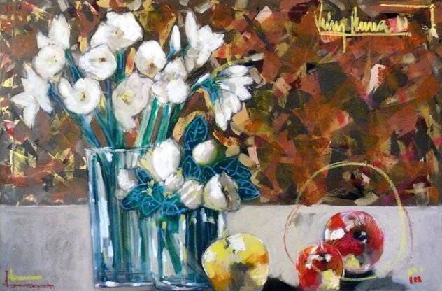 Jarron con flores, vaso  y tres manzanas