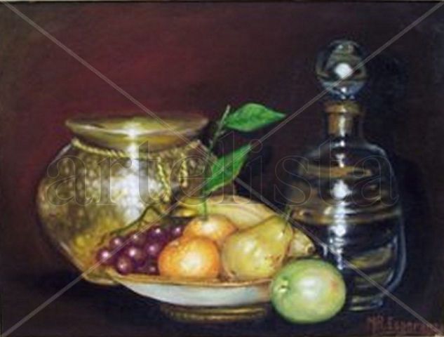 Frutas, jarrón de bronce y botellón de vidrio Oil Panel Still Life Paintings