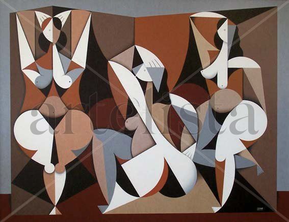Tres Mujeres Y Biombo Oil Canvas Figure Painting