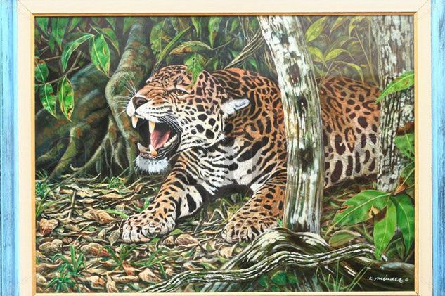 "JAGUAR EN DEFENSA" Acrílico Tabla Animales