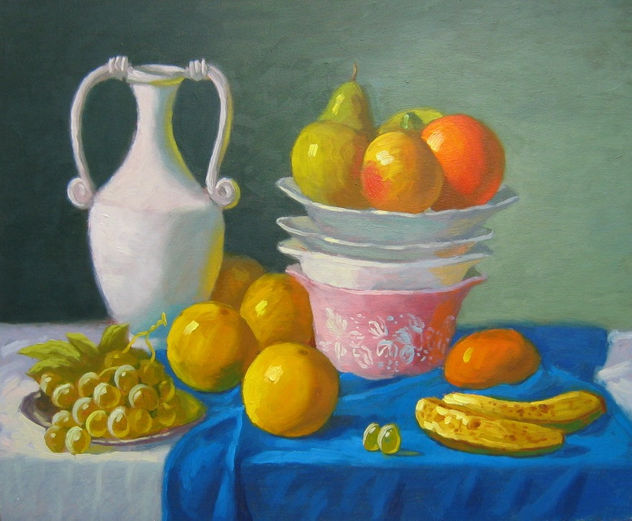 bodegon con uvas y platanos