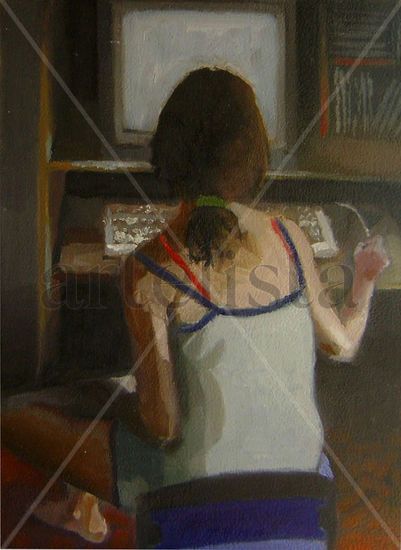 En la compu Oil Canvas Figure Painting