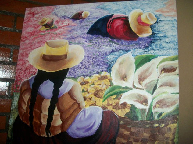 Cholas juntando flores Acrylic Others Floral Painting