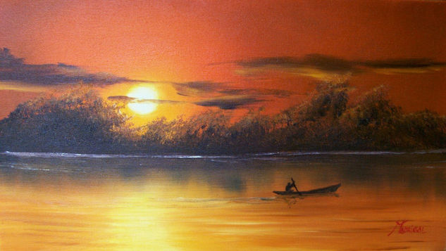 Remando al atardecer Oil Canvas Landscaping