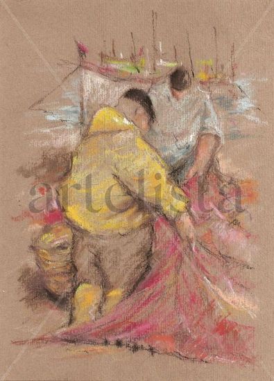 Pescadores Pastel Paper Figure Painting