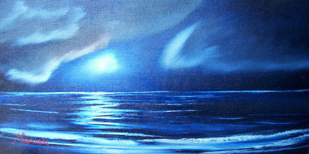 Noche de Luna sobre el Mar. Oil Canvas Marine Painting