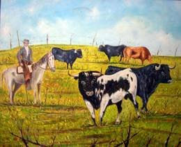 MAYORAL EN EL CAMPO CON BRAVO. Oil Canvas Animals