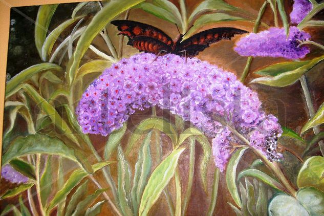 Lilas y mariposa Oil Canvas Floral Painting