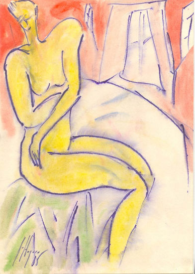 Mujer sentada esperando Watercolour Card Figure Painting