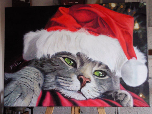 gato de navidad Oil Canvas Animals