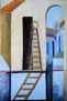 Hombre escalera arco y casas.