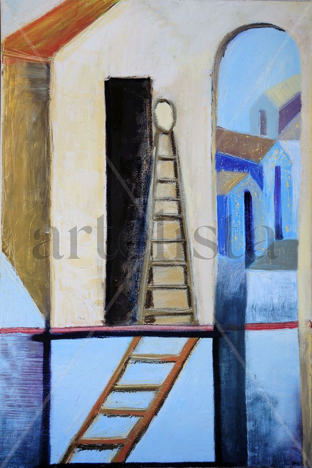 Hombre escalera arco y casas.