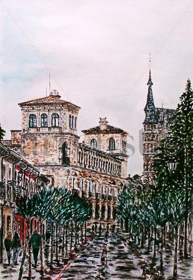 DETALLE CALLE RUIZ DE SALAZAR (León) Acuarela Papel Paisaje