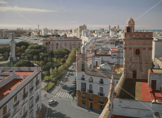 CADIZ VISTA DESDE LAS 4 TORRES Óleo Tabla Paisaje