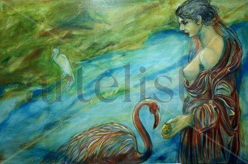 Mujer con pelicano Oil Canvas Landscaping