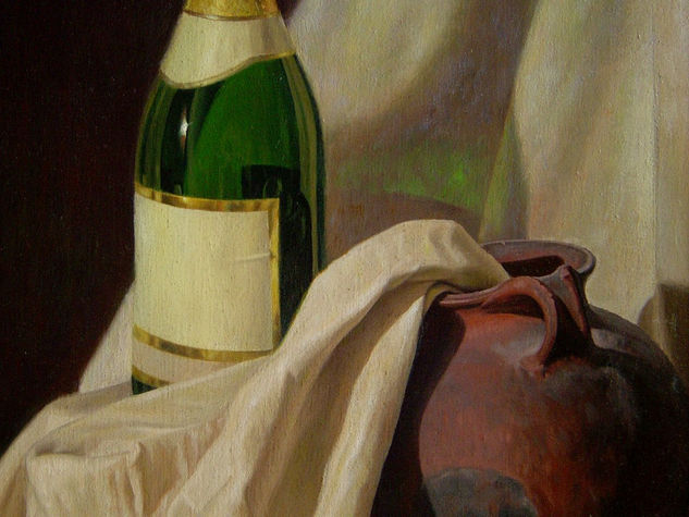 Bodegon con botella y ceramica Oil Canvas Still Life Paintings