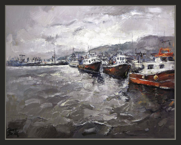 SANT CARLES DE LA RAPITA-TARRAGONA-MARINAS-PUERTO-MARINA-PINTURAS-ERNEST DESCALS- Oil Canvas Marine Painting