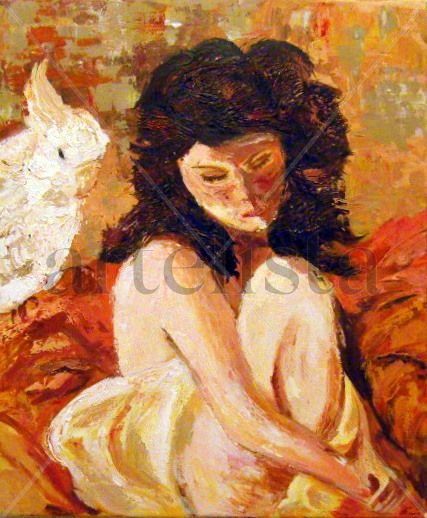 Mujer con loro Acrylic Canvas Nude Paintings