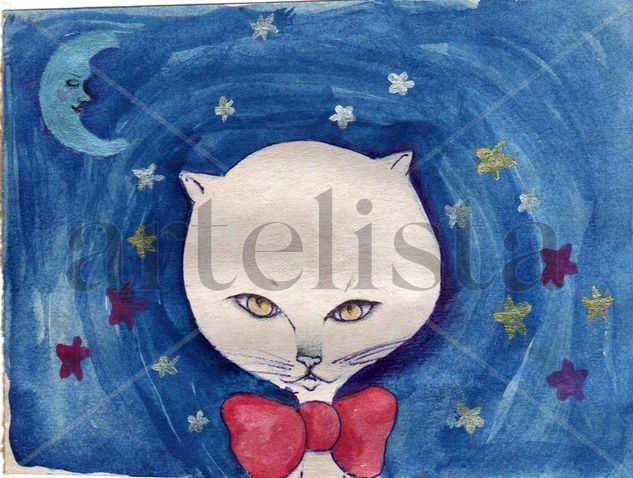 gato luna y estrellas Watercolour Paper Animals