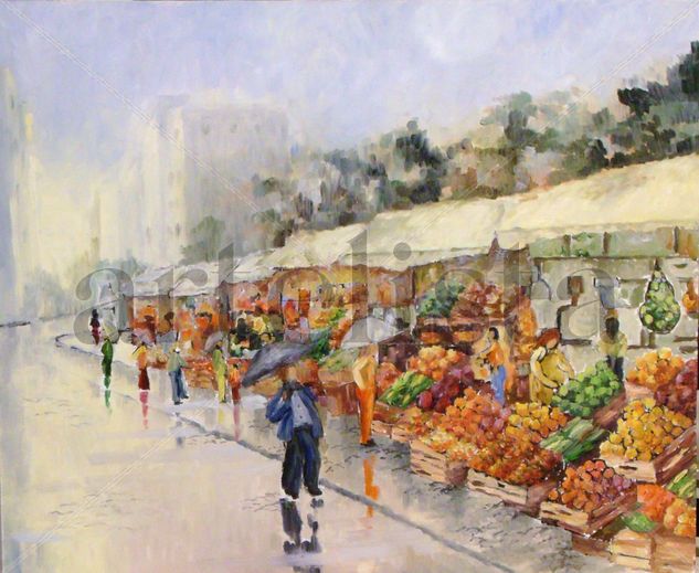 lluvia en el mercado de futos Oil Canvas Landscaping