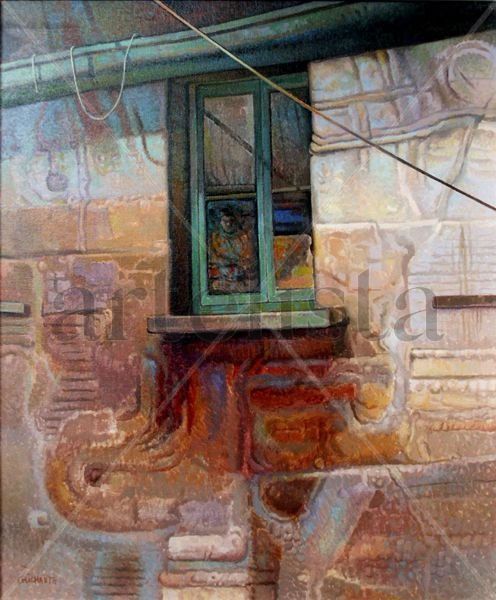Fachada con ventana verde y figura