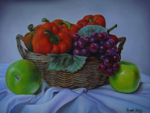 CESTA PIMENTONES, UVAS Y MANZANAS Oil Canvas Still Life Paintings