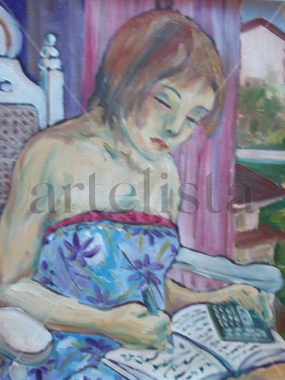 Mulher fazendo contas Oil Textile Figure Painting