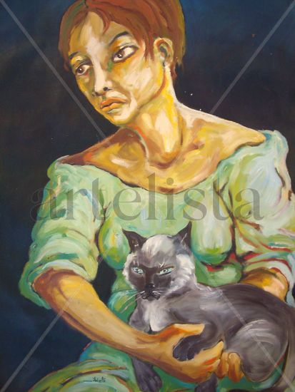 Mulher com gato Oil Textile Figure Painting