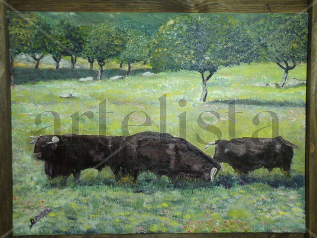 Toros en la Dehesa Óleo Lienzo Paisaje